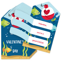 A set of Valentine's Day pull tabs with a fishing theme, including various fish and a heart with the text 'Valentine, you're a great CATCH!'.