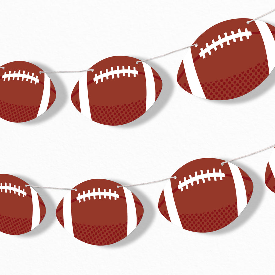 Football-themed banner with brown and white footballs on a white background