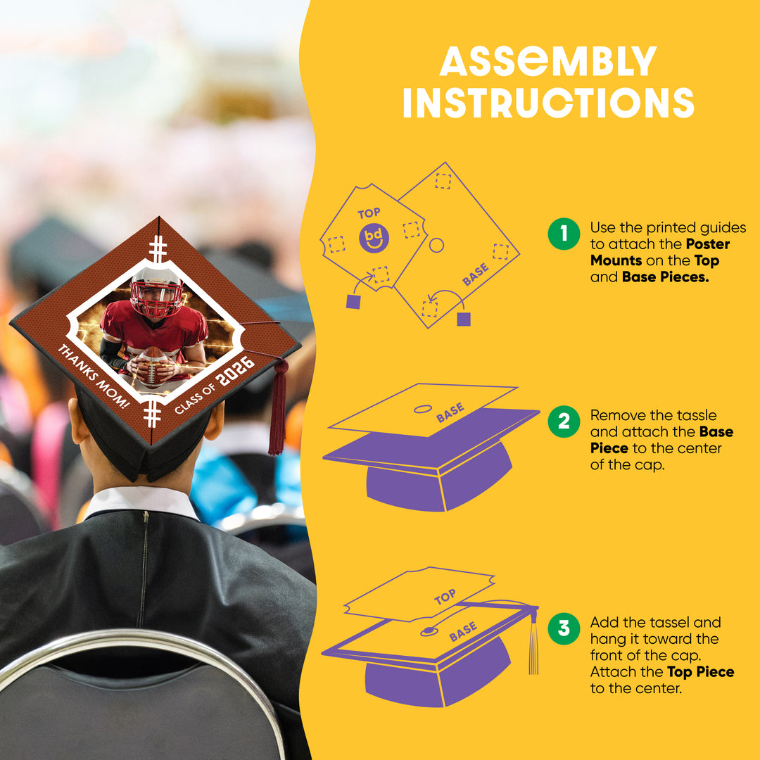 Graduation cap cover assembly instructions on a yellow background
