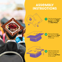 Graduation cap cover assembly instructions on a yellow background