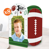 Football-themed photo frame with a child's picture inside, on a white background.