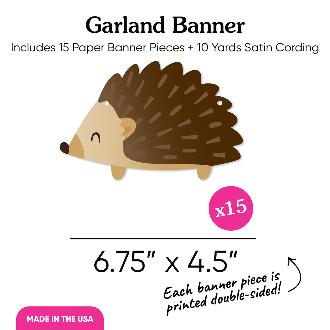 Garland banner with hedgehog design and product details on a white background