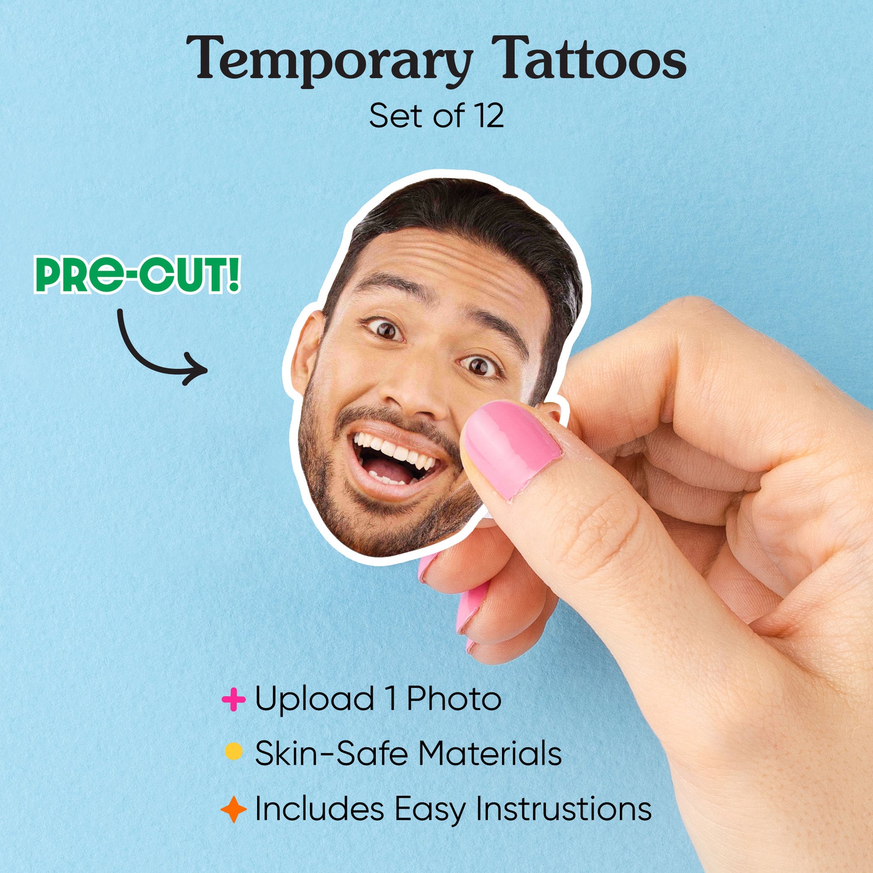 Custom Photo Fun Face - Party Favors - Fun Face Temporary Tattoos - Set ...