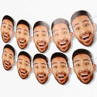 A series of 10 custom oversized face cutouts strung together with white satin cording, featuring a person smiling.
