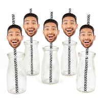 Fun Face Cutout Paper Straw Decor - Custom Photo Head Cut Out Striped Decorative Straws - Upload 1 Photo - Set of 24