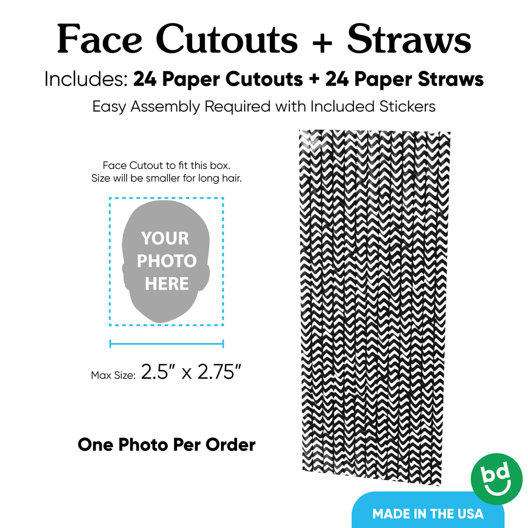 Fun Face Cutout Paper Straw Decor - Custom Photo Head Cut Out Striped Decorative Straws - Upload 1 Photo - Set of 24