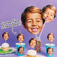 Fun Face Cutout Paper Straw Decor - Custom Photo Head Cut Out Striped Decorative Straws - Upload 1 Photo - Set of 24