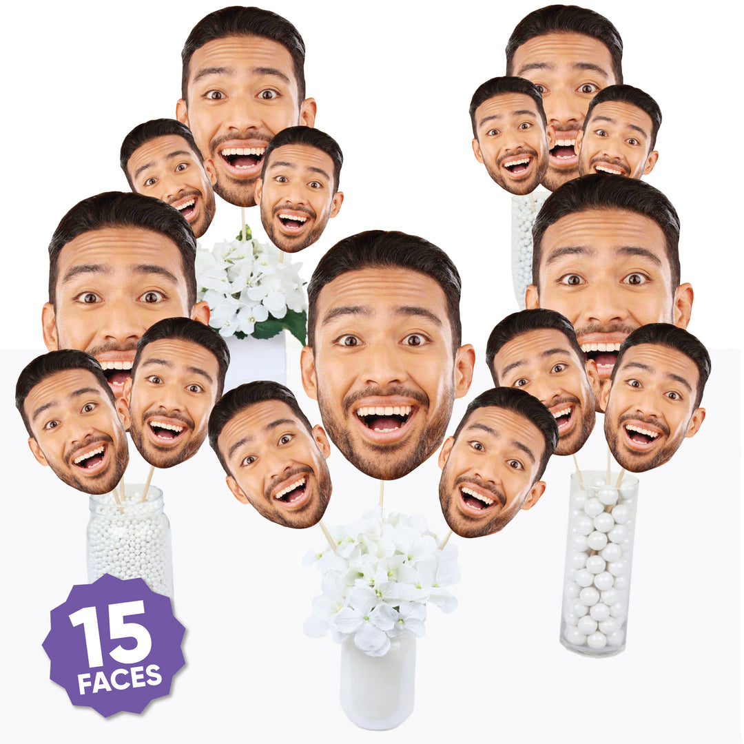 Fun Face Cutout Centerpiece Sticks - Custom Photo Head Cut Out Table Toppers - Upload 1 Photo - Set of 15