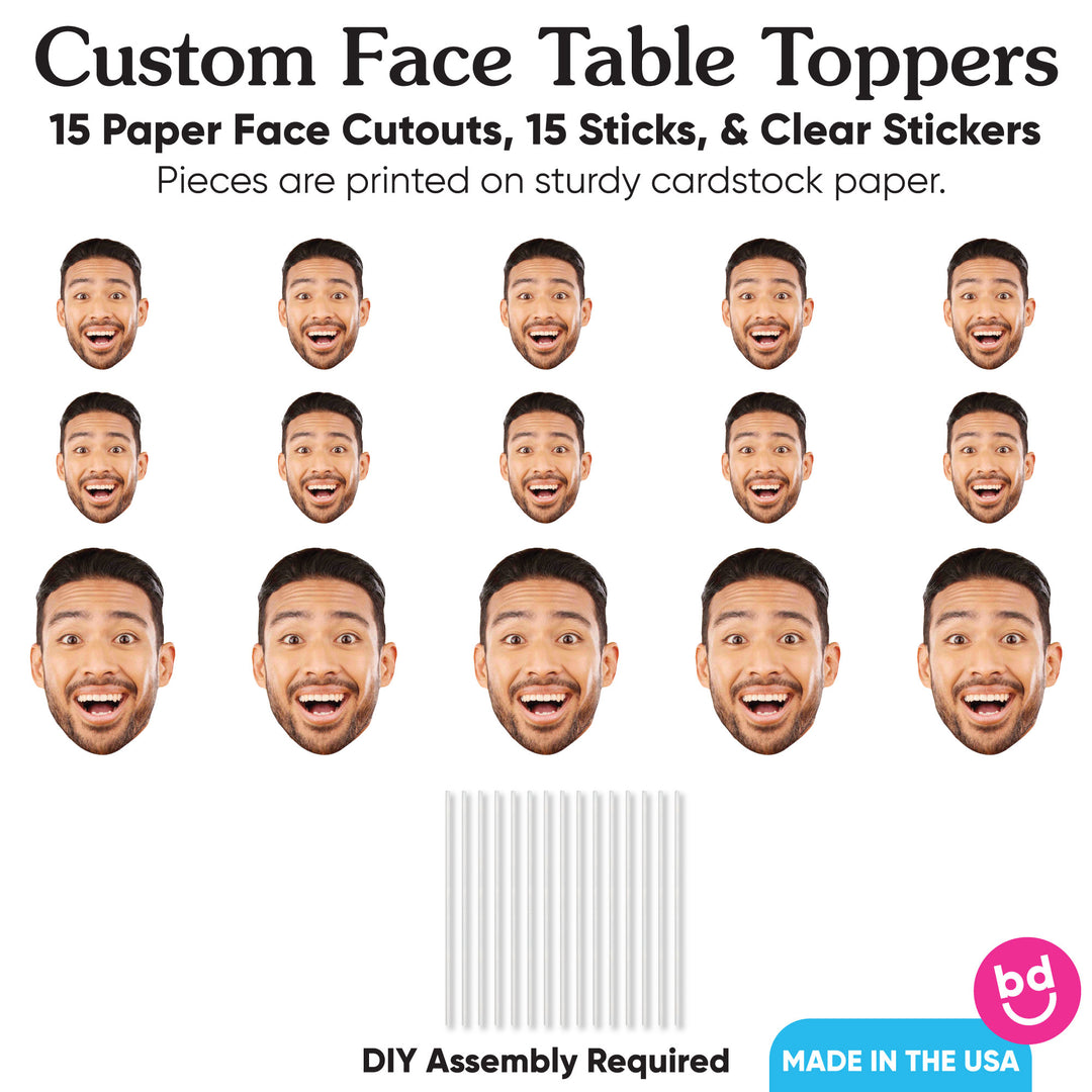 Fun Face Cutout Centerpiece Sticks - Custom Photo Head Cut Out Table Toppers - Upload 1 Photo - Set of 15