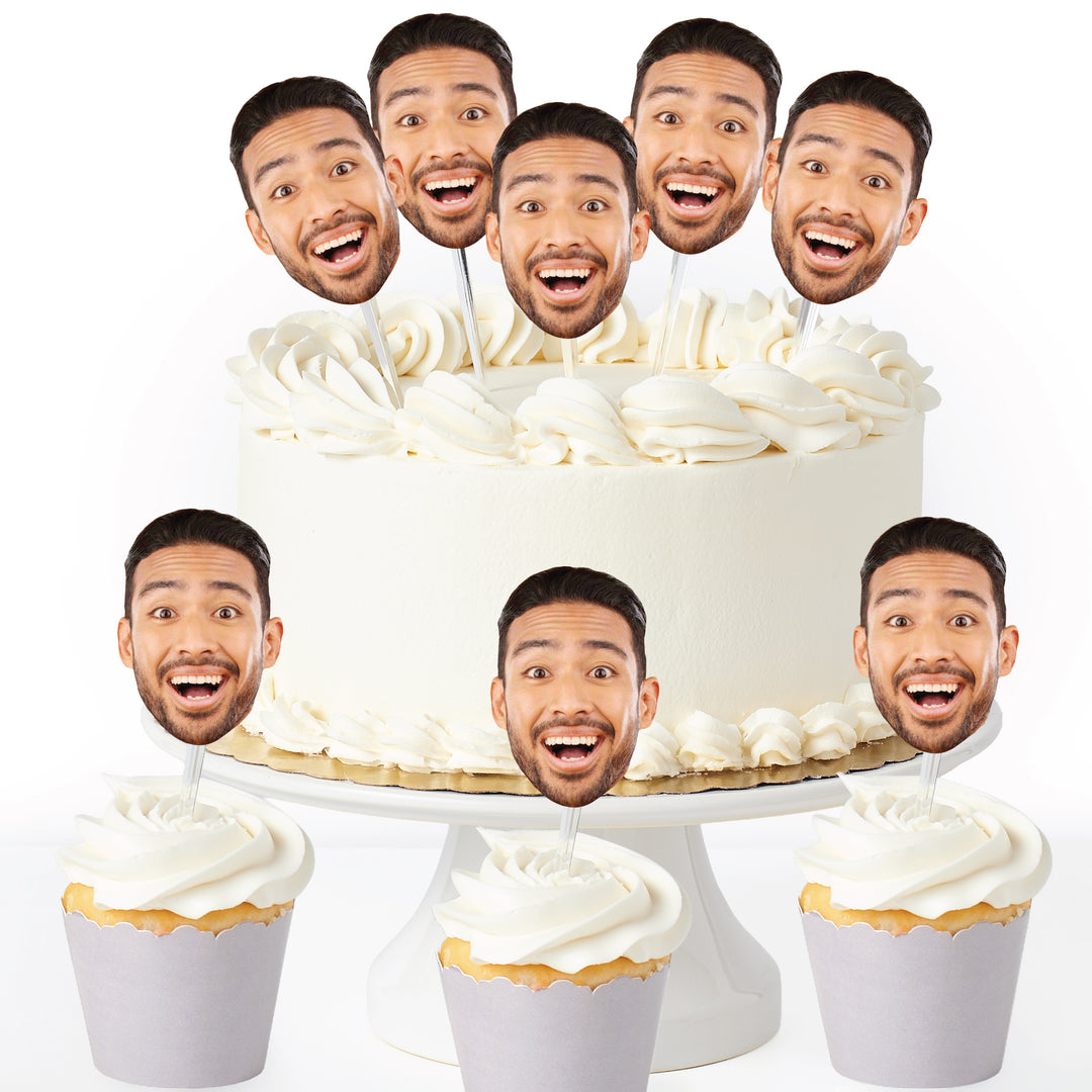 Fun Face Cutout Dessert Cupcake Toppers - Custom Photo Head Cut Out Clear Treat Picks - Upload 1 Photo - Set of 24