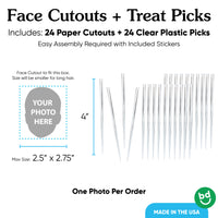 Fun Face Cutout Dessert Cupcake Toppers - Custom Photo Head Cut Out Clear Treat Picks - Upload 1 Photo - Set of 24