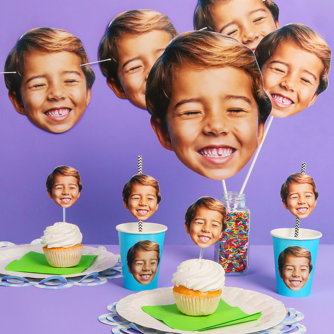 Fun Face Cutout Dessert Cupcake Toppers - Custom Photo Head Cut Out Clear Treat Picks - Upload 1 Photo - Set of 24