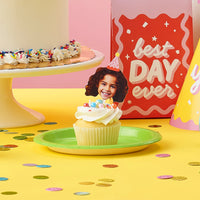 Custom Photo Party Time - Happy Birthday Party Dessert Cupcake Toppers - Fun Face Clear Treat Picks - Set of 24