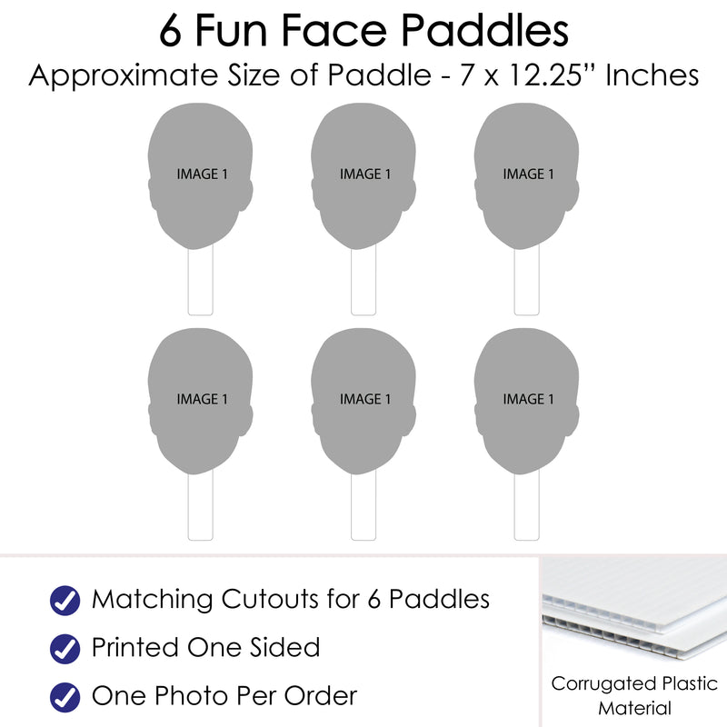 Fun Face Cutout Paddles - Custom Photo Head Cut Out Photo Booth and Fan Props - Upload 1 Photo - 6 Piece Cut Out Kit
