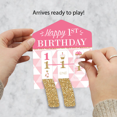 1st Birthday Girl - Fun to be One - First Birthday Party Game Pickle Cards - Pull Tabs 3-in-a-Row - Set of 12