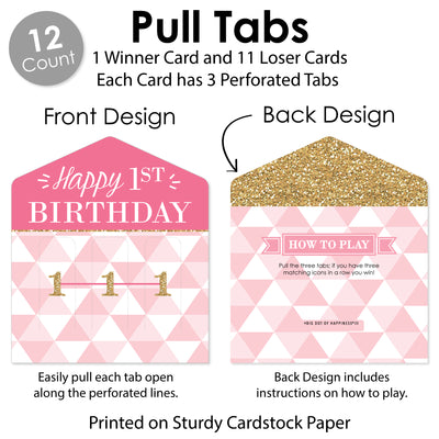 1st Birthday Girl - Fun to be One - First Birthday Party Game Pickle Cards - Pull Tabs 3-in-a-Row - Set of 12