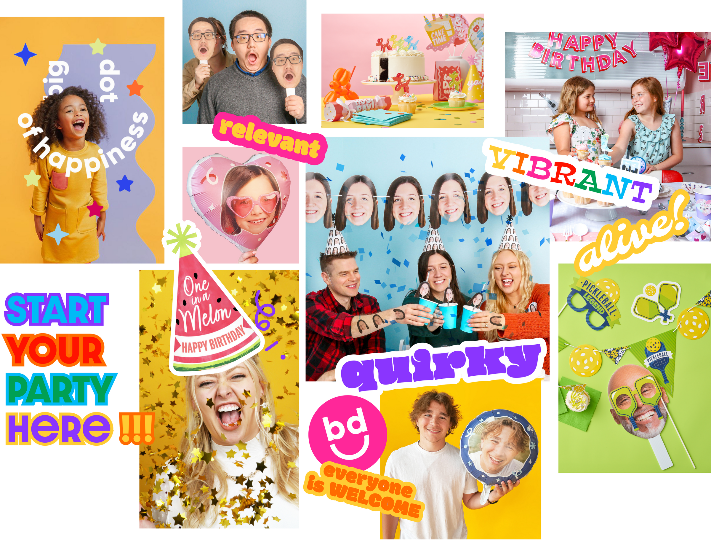 Collage of birthday party-themed Photos with colorful designs and text.