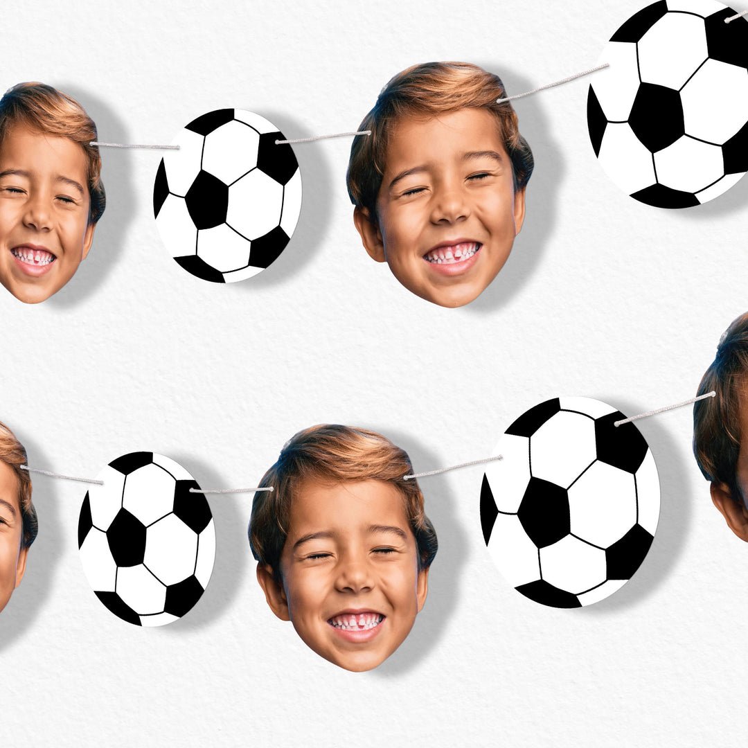 Custom Face Banner with soccer ball cutouts and children's faces on a white background