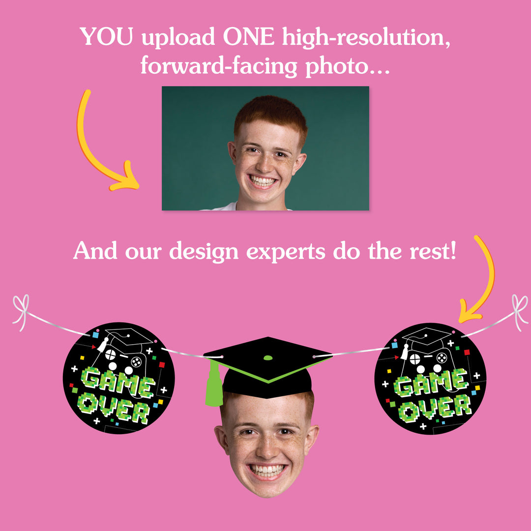 Promotional graphic for photo customization service with a pink background and text.