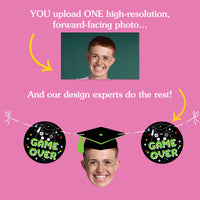 Promotional graphic for photo customization service with a pink background and text.