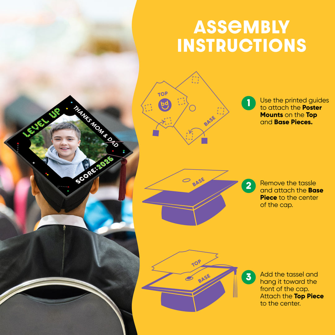 Graduation cap cover assembly instructions on a yellow background