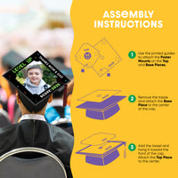 Graduation cap cover assembly instructions on a yellow background