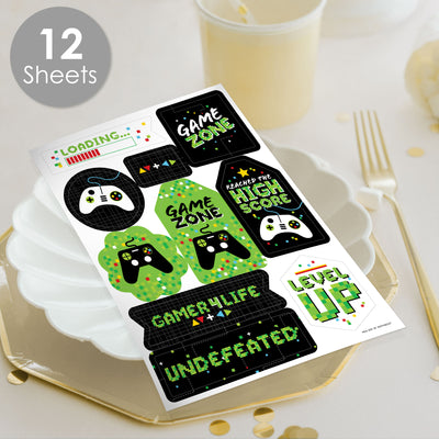 Game Zone - Pixel Video Game Party or Birthday Party Favor Sticker Set - 12 Sheets - 120 Stickers