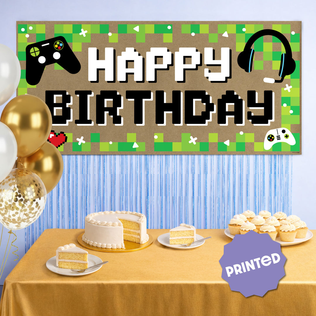 Video game party backdrop with controllers and headsets