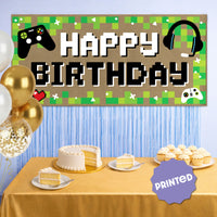 Video game party backdrop with controllers and headsets