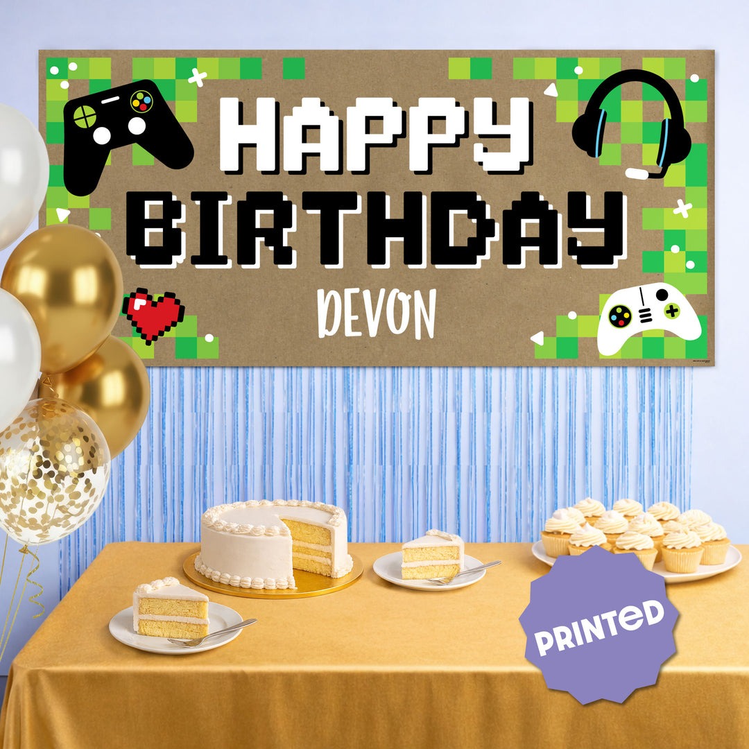 Video game themed birthday backdrop with banner