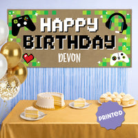 Video game themed birthday backdrop with banner
