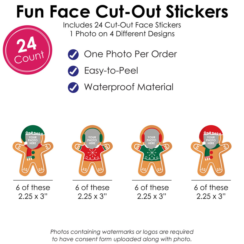 Custom Photo Gingerbread Christmas - Gingerbread Man Holiday Party Favors - Fun Face Cut-Out Stickers - Set of 24