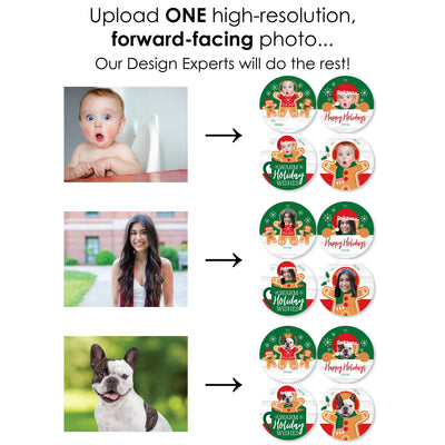 Custom Photo Gingerbread Christmas - Gingerbread Man Holiday Party Round To and From Gift Tags - Fun Face Large Stickers - Set of 8