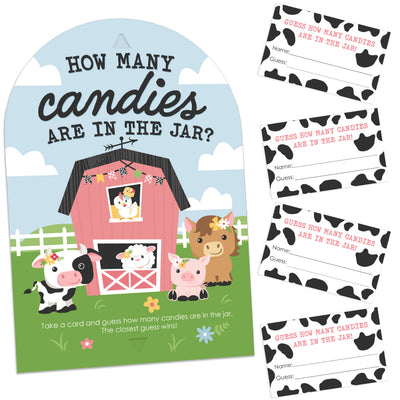 Girl Farm Animals - How Many Candies Pink Barnyard Baby Shower or Birthday Party Game - 1 Stand and 40 Cards - Candy Guessing Game