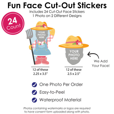 Custom Photo Girl Farm Animals - Pink Barnyard Birthday Party Favors - Fun Face Cut-Out Stickers - Set of 24