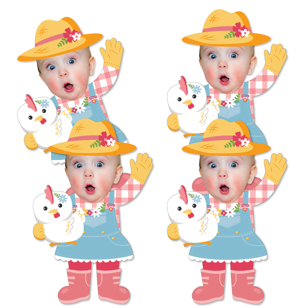 A set of custom paper cut-outs featuring a young girl dressed as a farmer with farm animals around her, designed for decorating purposes.