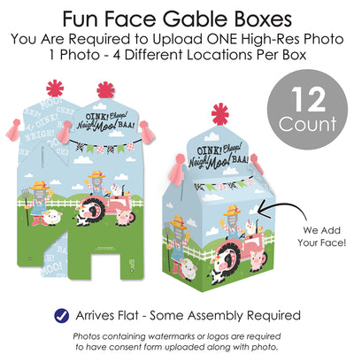 Custom Photo Girl Farm Animals - Pink Barnyard Birthday Treat Box Party Favors - Fun Face Goodie Gable Boxes - Set of 12