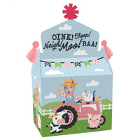 A colorful barnyard-themed treat box with illustrations of farm animals and a person, featuring pink accents and playful decorations.