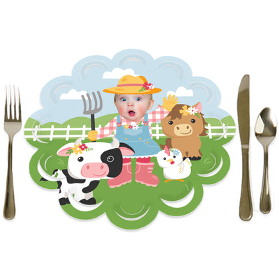 Custom Photo Girl Farm Animals - Pink Barnyard Birthday Party Round Table Decorations - Fun Face Paper Chargers - Place Setting For 12