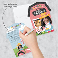 Custom Photo Girl Farm Animals - Pink Barnyard Birthday Party Fun Face Shaped Fill-In Invitation Cards with Envelopes - Set of 12