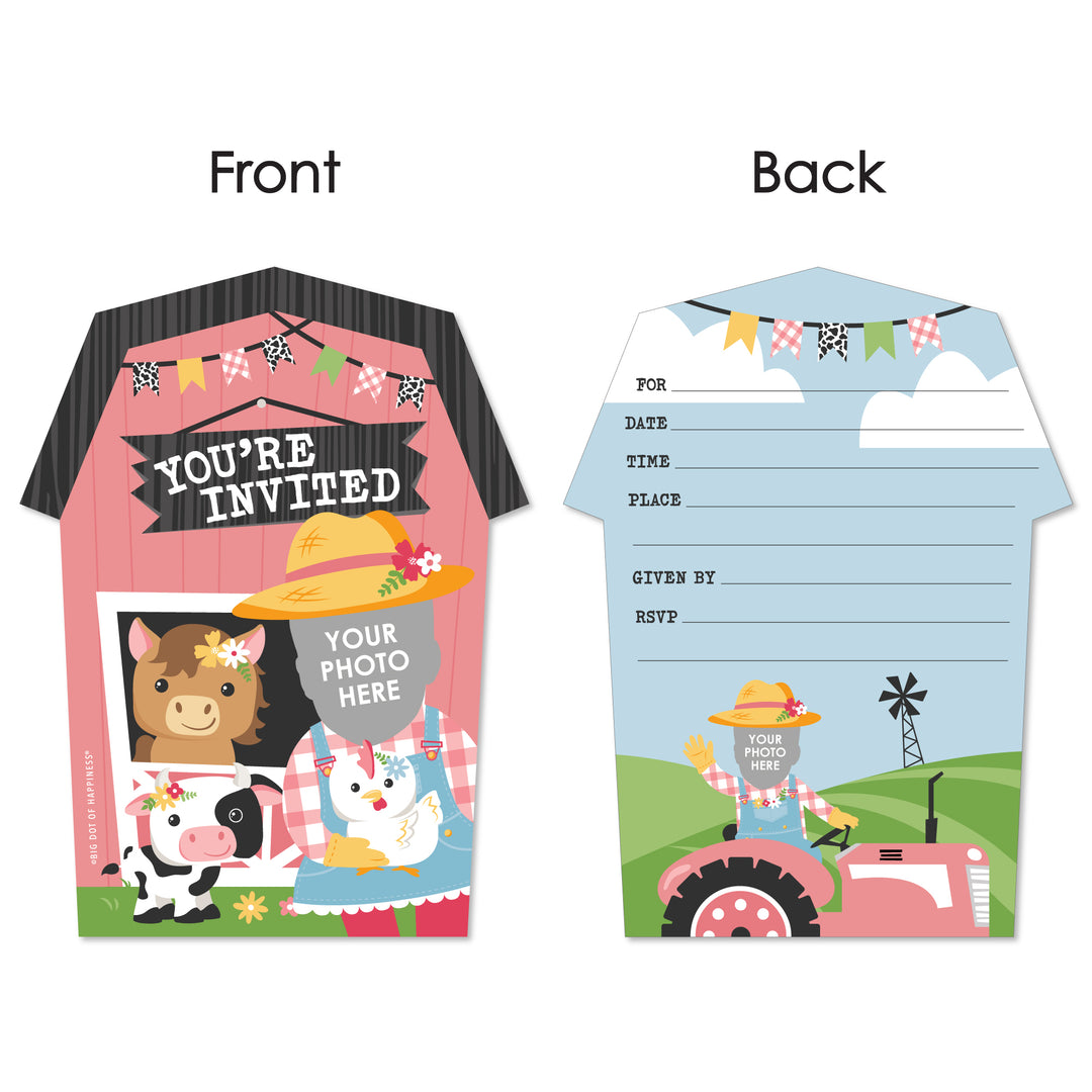 Custom Photo Girl Farm Animals - Pink Barnyard Birthday Party Fun Face Shaped Fill-In Invitation Cards with Envelopes - Set of 12
