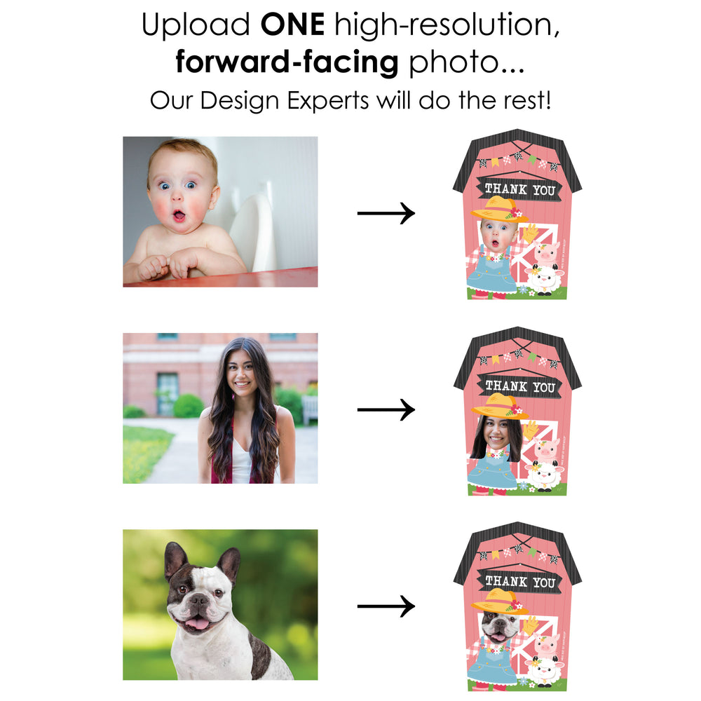 Custom Photo Girl Farm Animals - Pink Barnyard Birthday Party Fun Face Shaped Thank You Cards with Envelopes - Set of 12