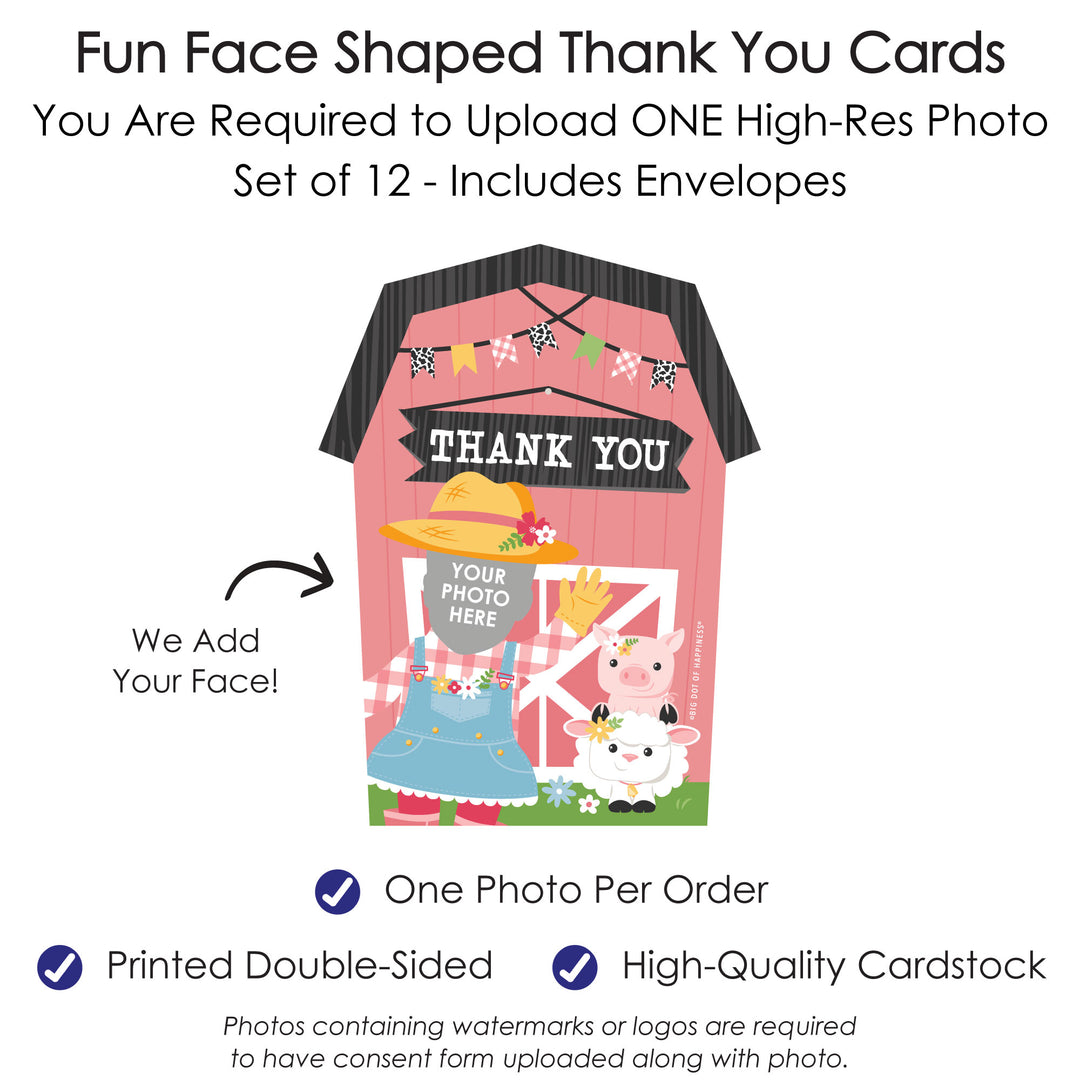 Custom Photo Girl Farm Animals - Pink Barnyard Birthday Party Fun Face Shaped Thank You Cards with Envelopes - Set of 12