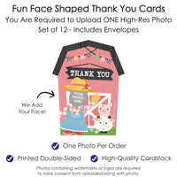 Custom Photo Girl Farm Animals - Pink Barnyard Birthday Party Fun Face Shaped Thank You Cards with Envelopes - Set of 12