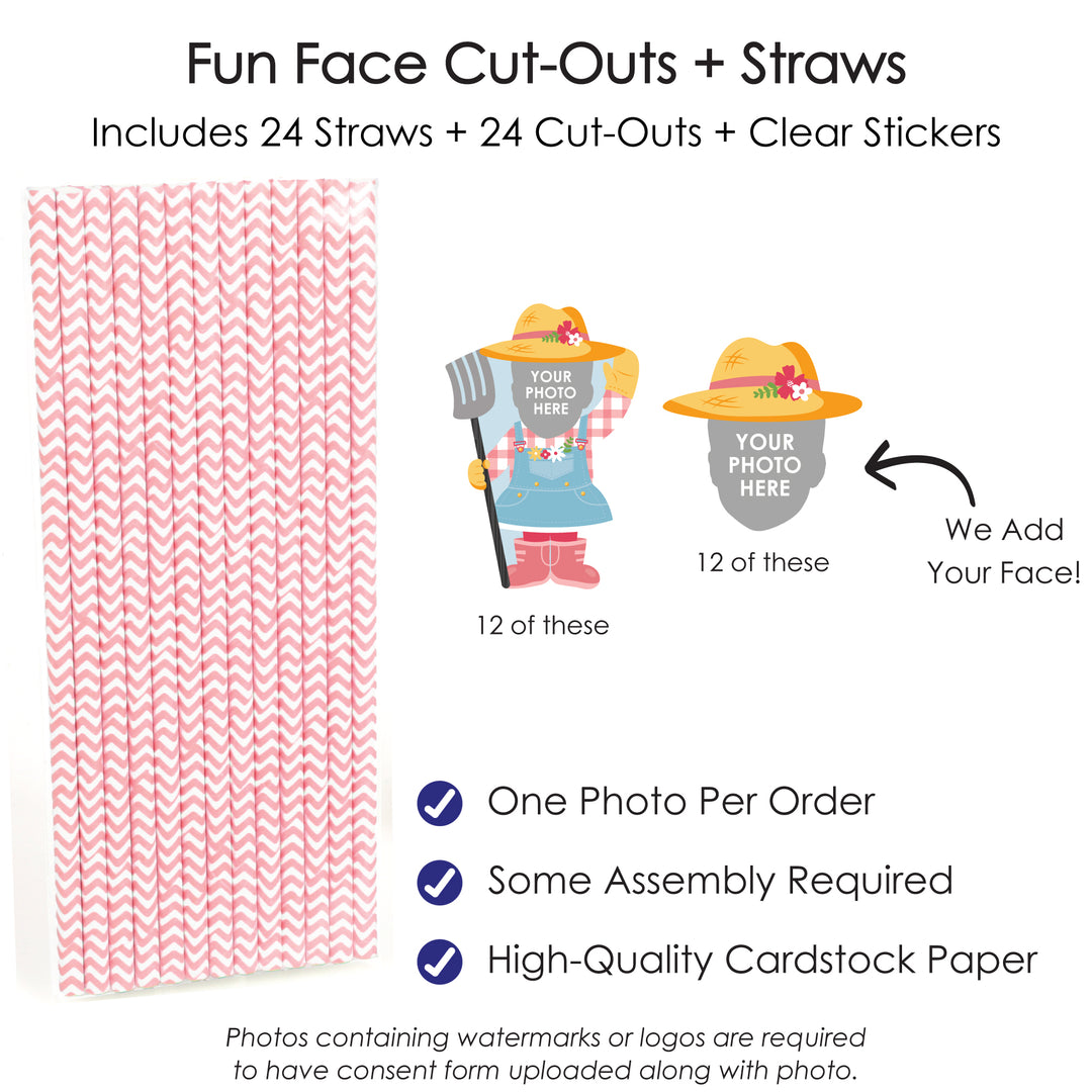 Custom Photo Girl Farm Animals - Pink Barnyard Birthday Party Fun Face Paper Straw Decor - Set of 24