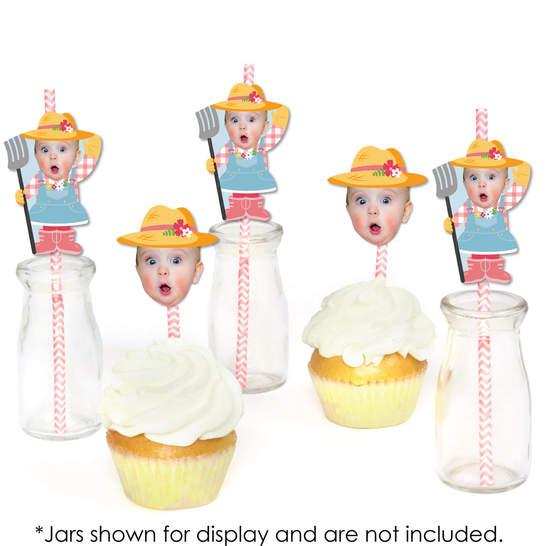 Custom Photo Girl Farm Animals - Pink Barnyard Birthday Party Fun Face Paper Straw Decor - Set of 24