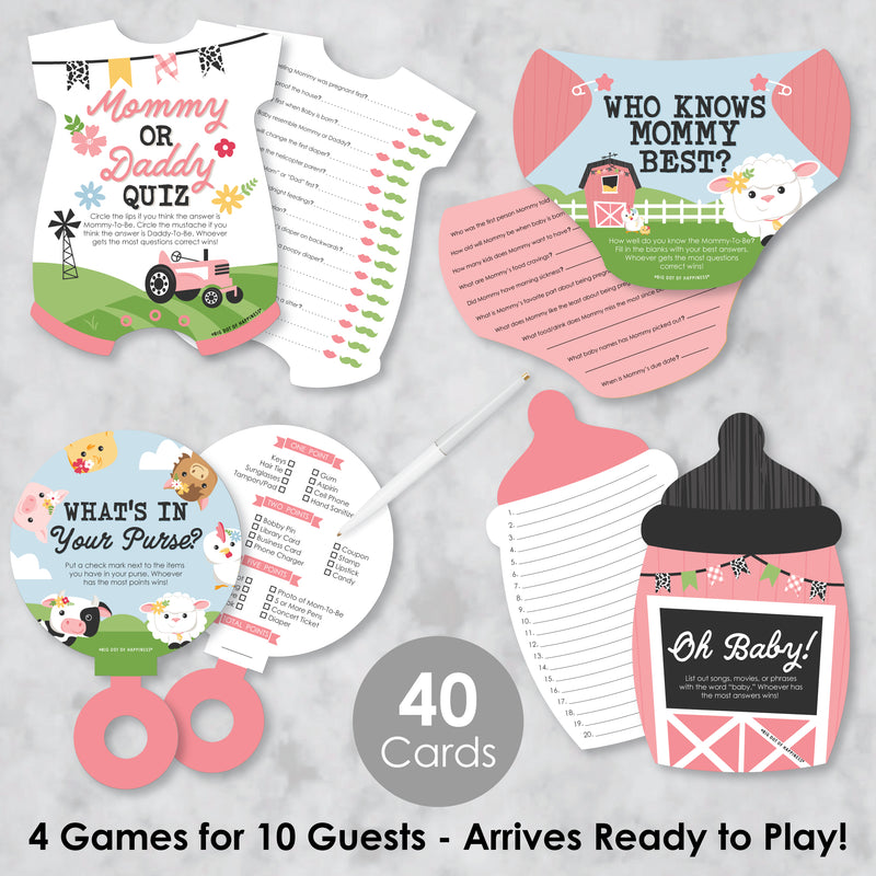 Girl Farm Animals - 4 Pink Barnyard Baby Shower Games - 10 Cards Each - Who Knows Mommy Best, Mommy or Daddy Quiz, What’s in Your Purse and Oh Baby - Gamerific Bundle