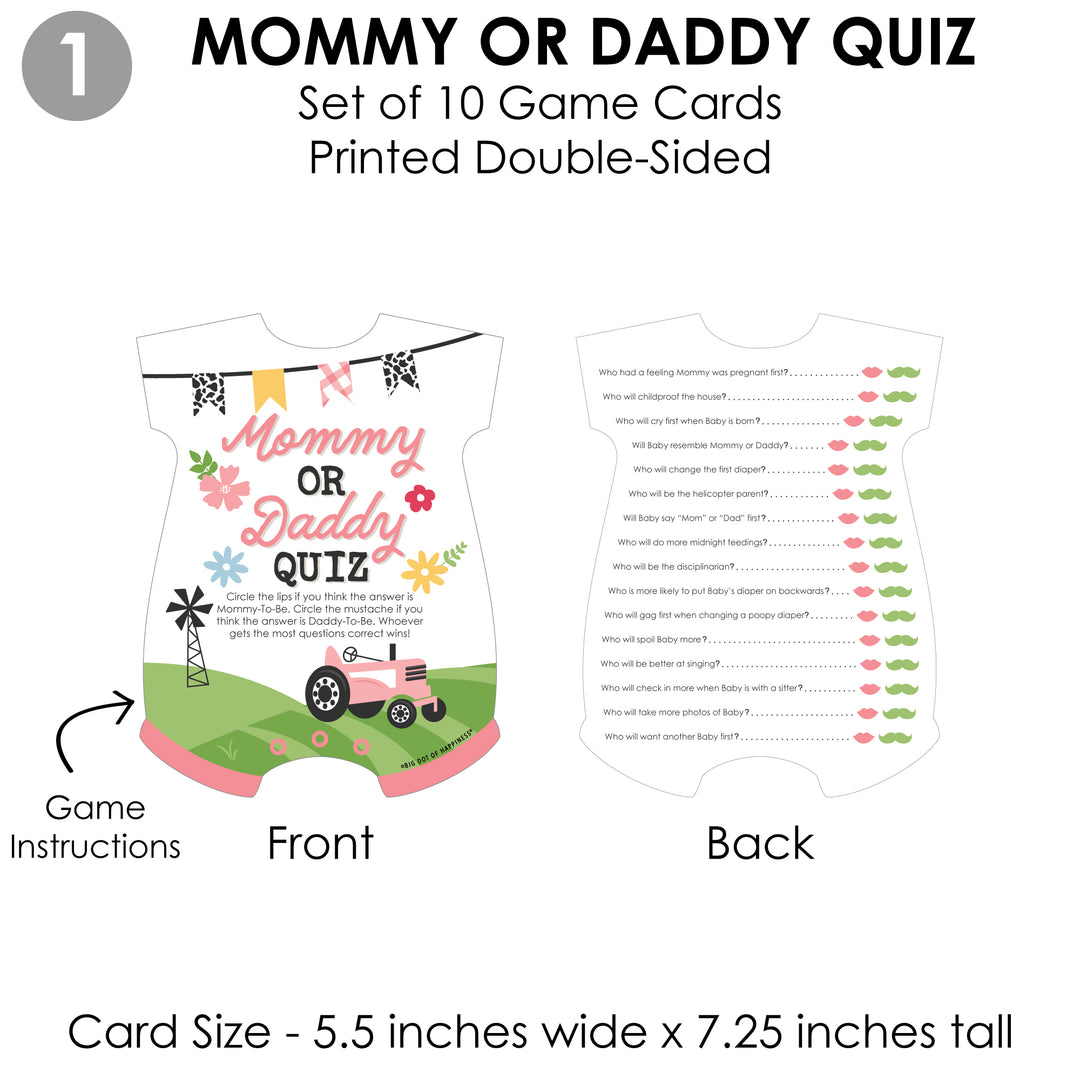 Girl Farm Animals - 4 Pink Barnyard Baby Shower Games - 10 Cards Each - Who Knows Mommy Best, Mommy or Daddy Quiz, What’s in Your Purse and Oh Baby - Gamerific Bundle