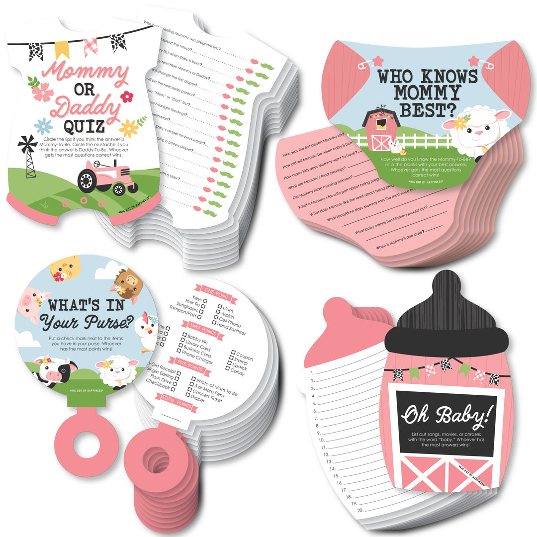 Girl Farm Animals - 4 Pink Barnyard Baby Shower Games - 10 Cards Each - Who Knows Mommy Best, Mommy or Daddy Quiz, What’s in Your Purse and Oh Baby - Gamerific Bundle