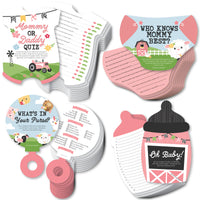Girl Farm Animals - 4 Pink Barnyard Baby Shower Games - 10 Cards Each - Who Knows Mommy Best, Mommy or Daddy Quiz, What’s in Your Purse and Oh Baby - Gamerific Bundle